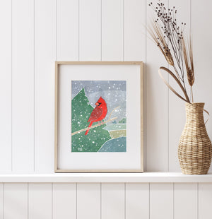 Red Cardinal Snow Art Print, Winter Landscape Watercolor Bird Painting