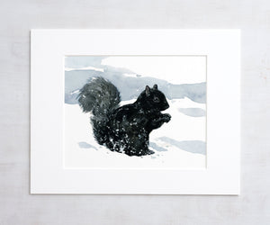 Black squirrel Print, Winter Snow Animal Watercolor Painting