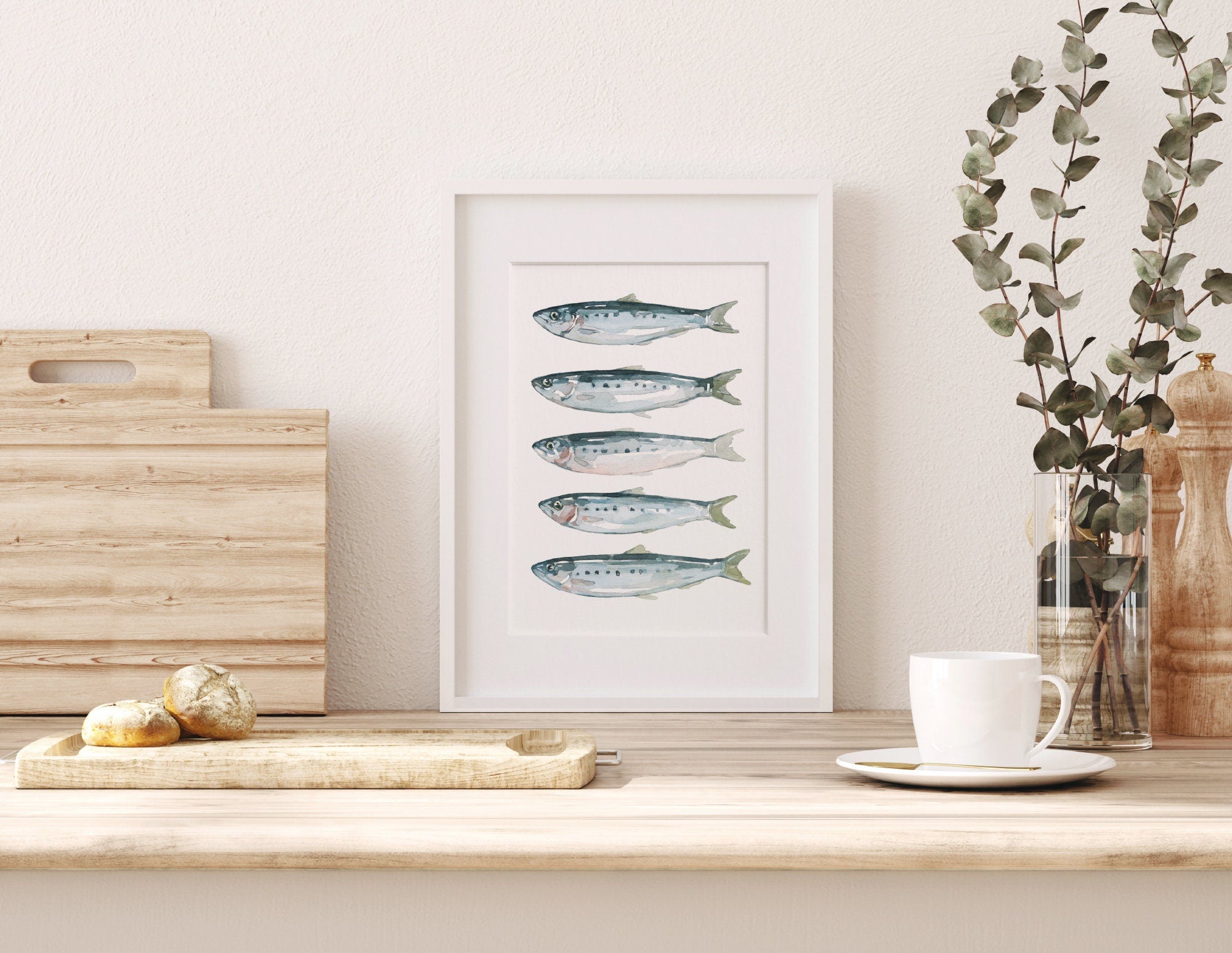 Sardines Fish Watercolor Art Print, Coastal Kitchen Art