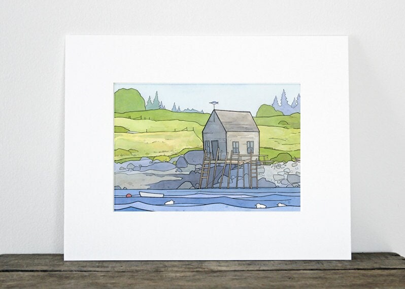 Maine Coast Landscape Print, Vinalhaven Boathouse Drawing