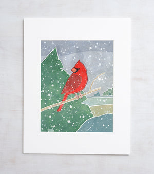 Red Cardinal Snow Art Print, Winter Landscape Watercolor Bird Painting
