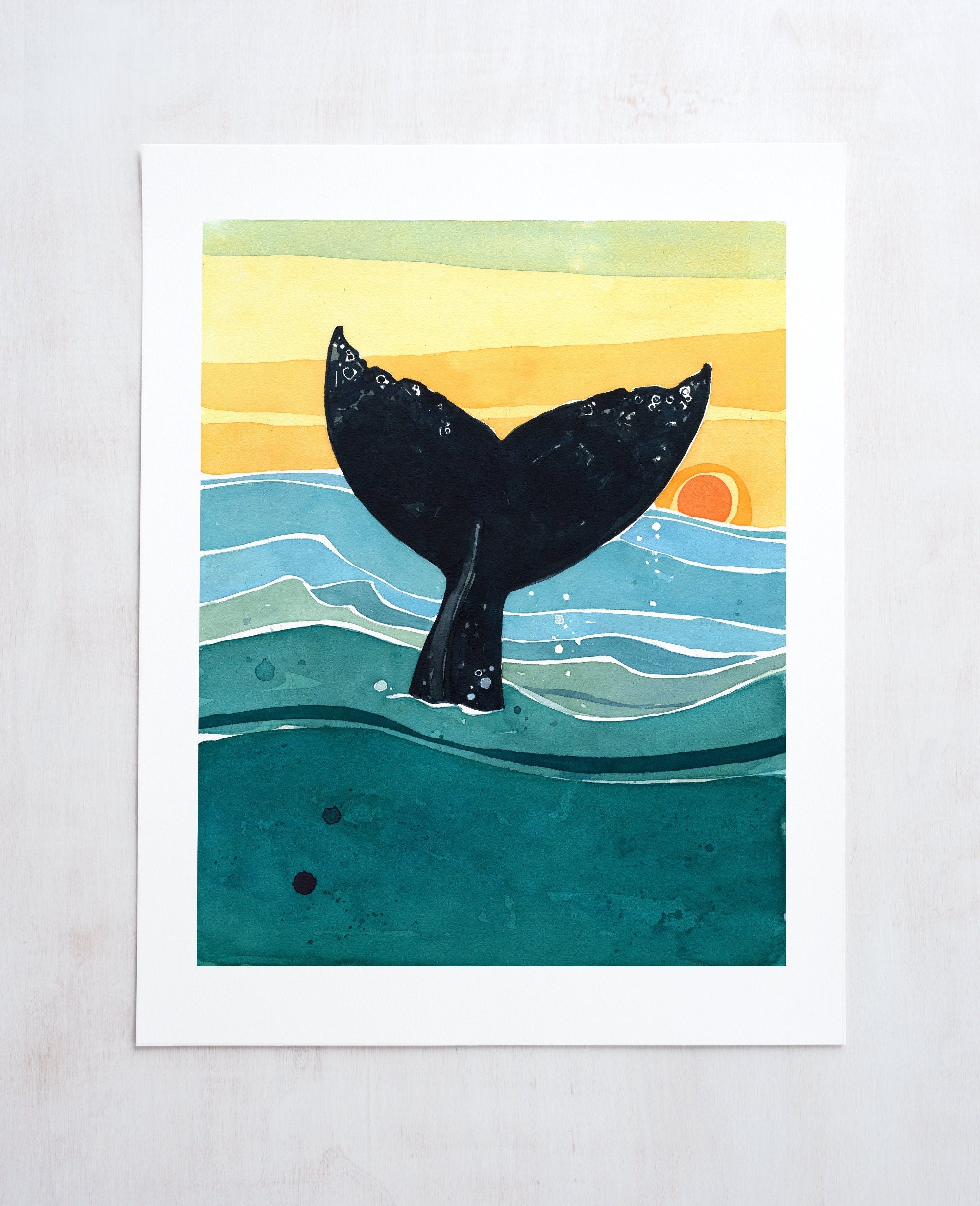Whale Tail Sunset Art Print, Nautical Ocean Watercolor Art