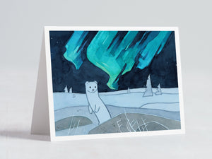 Ermine and Northern Lights Card, White Weasel Christmas Holiday Card