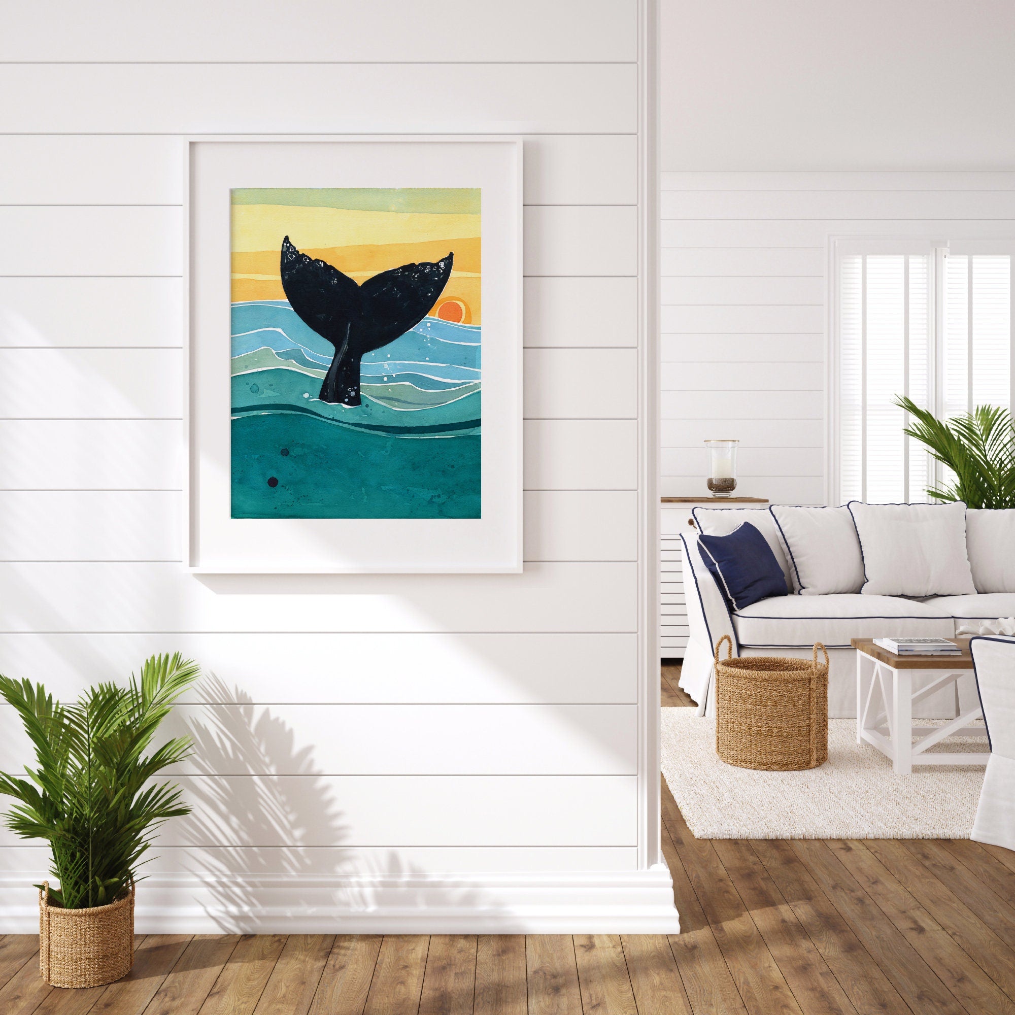 Whale Tail Sunset Art Print, Nautical Ocean Watercolor Art