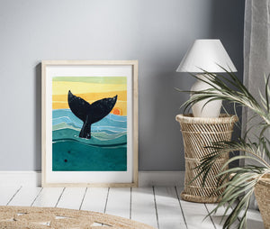 Whale Tail Sunset Art Print, Nautical Ocean Watercolor Art