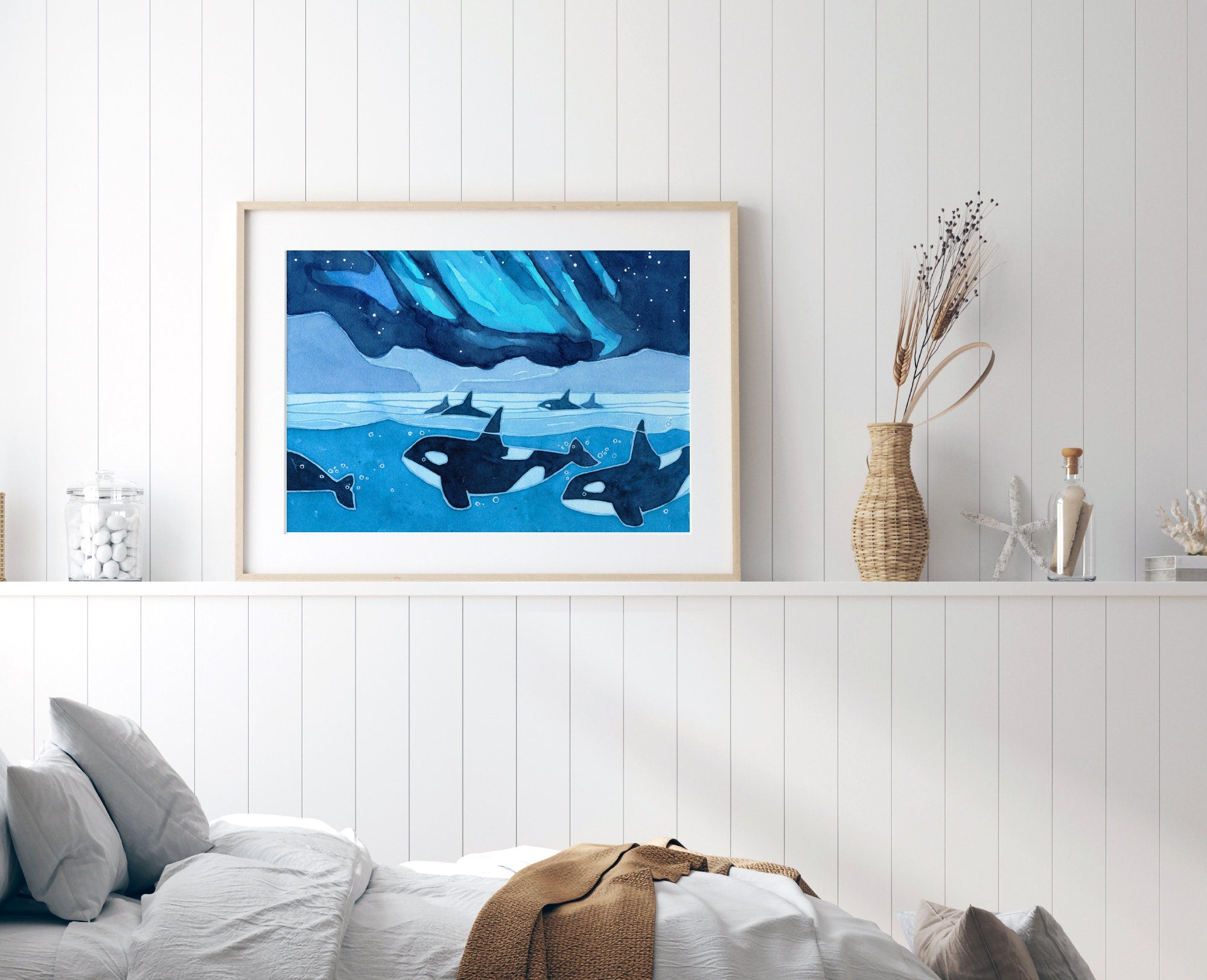 Orcas Northern Lights Art Print, Aurora Borealis Watercolor Art, Norway Fjord