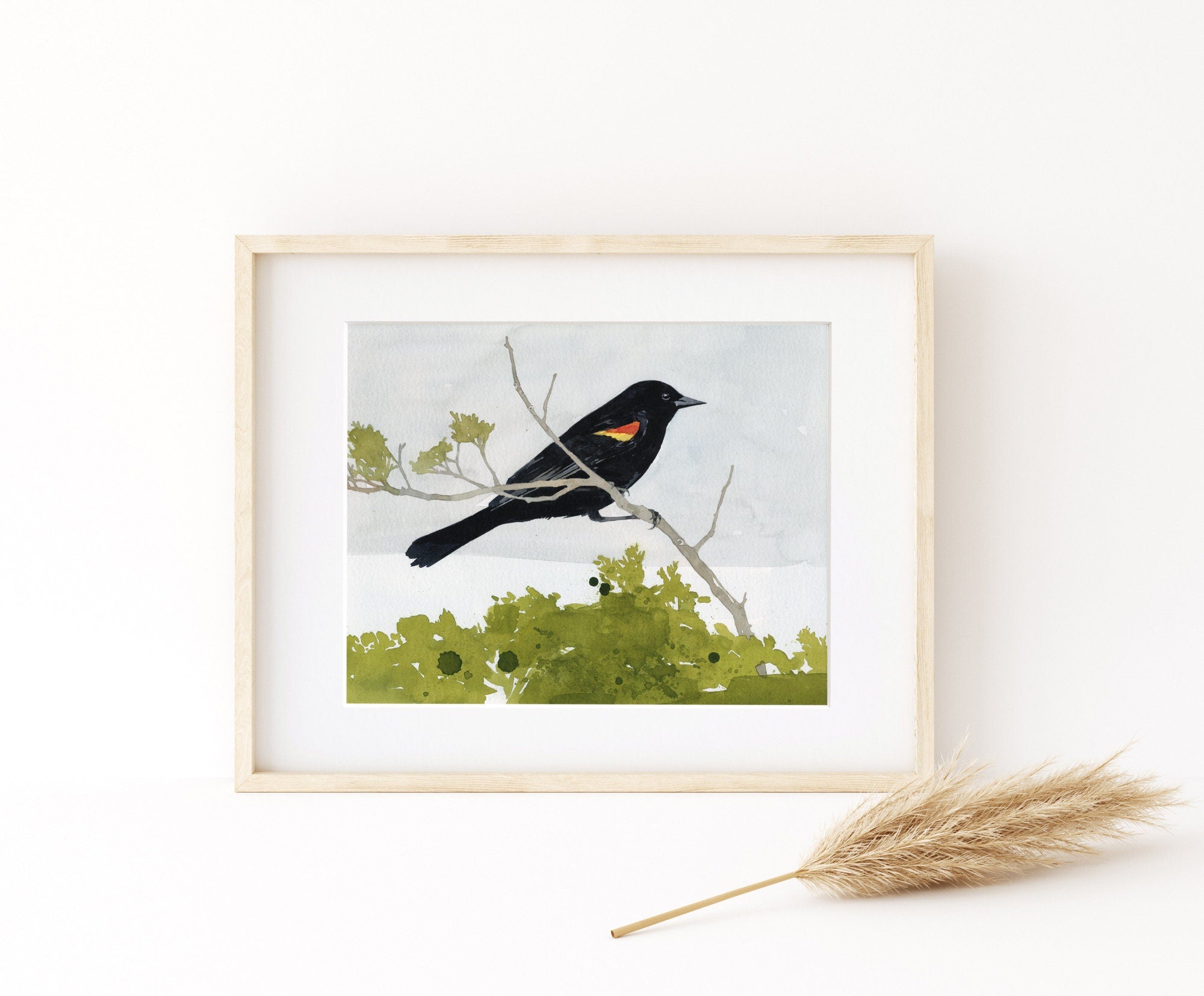 Red-winged Blackbird Watercolor Print, Bird Painting Wall Art
