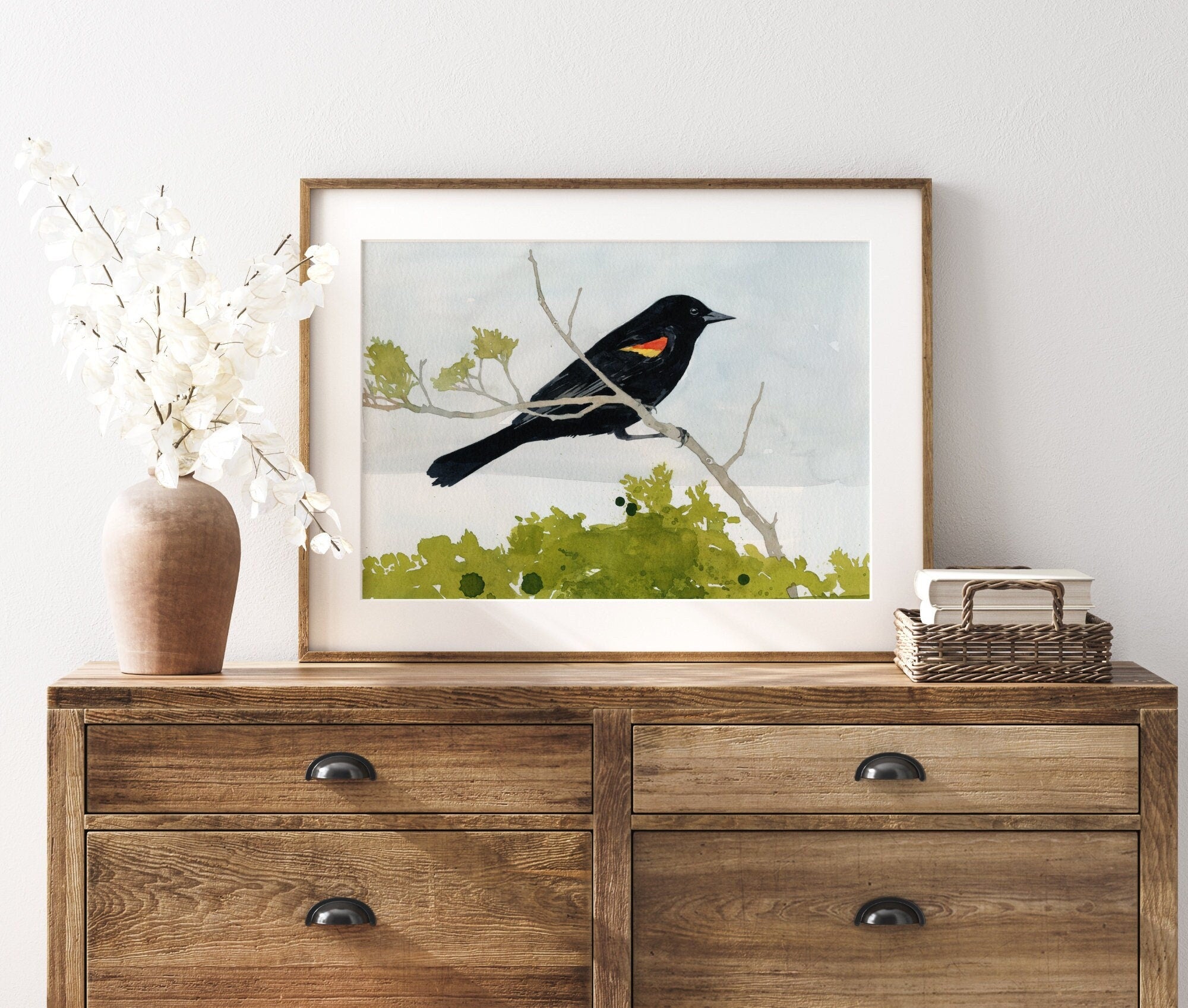 Red-winged Blackbird Watercolor Print, Bird Painting Wall Art