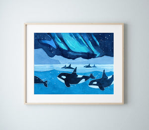 Orcas Northern Lights Art Print, Aurora Borealis Watercolor Art, Norway Fjord