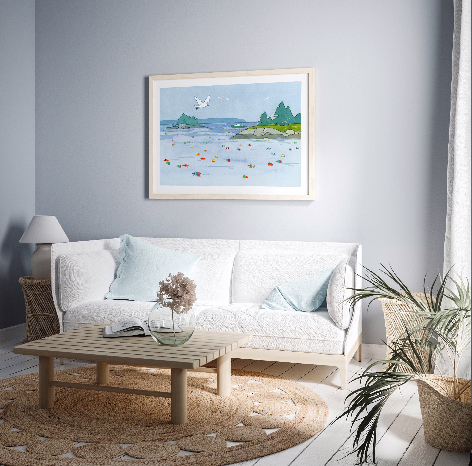 Maine Seascape Art Print, Lobster Buoys Whimsical Coastal Wall Decor, Nautical New England Landscape