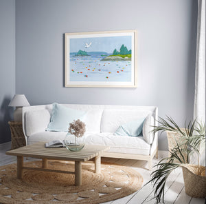 Maine Seascape Art Print, Lobster Buoys Whimsical Coastal Wall Decor, Nautical New England Landscape