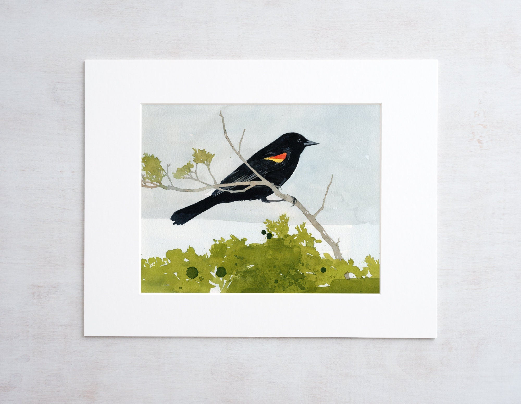 Red-winged Blackbird Watercolor Print, Bird Painting Wall Art
