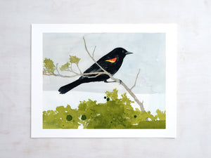 Red-winged Blackbird Watercolor Print, Bird Painting Wall Art