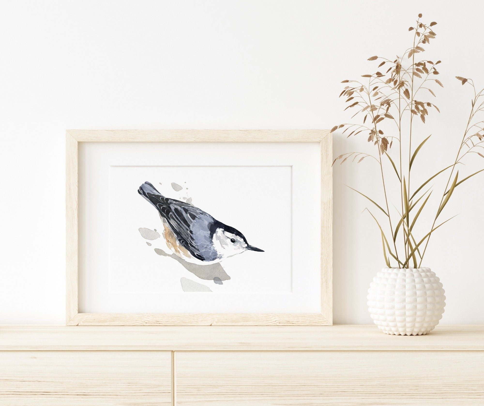 Nuthatch Watercolor Print, Bird Painting Wall Art