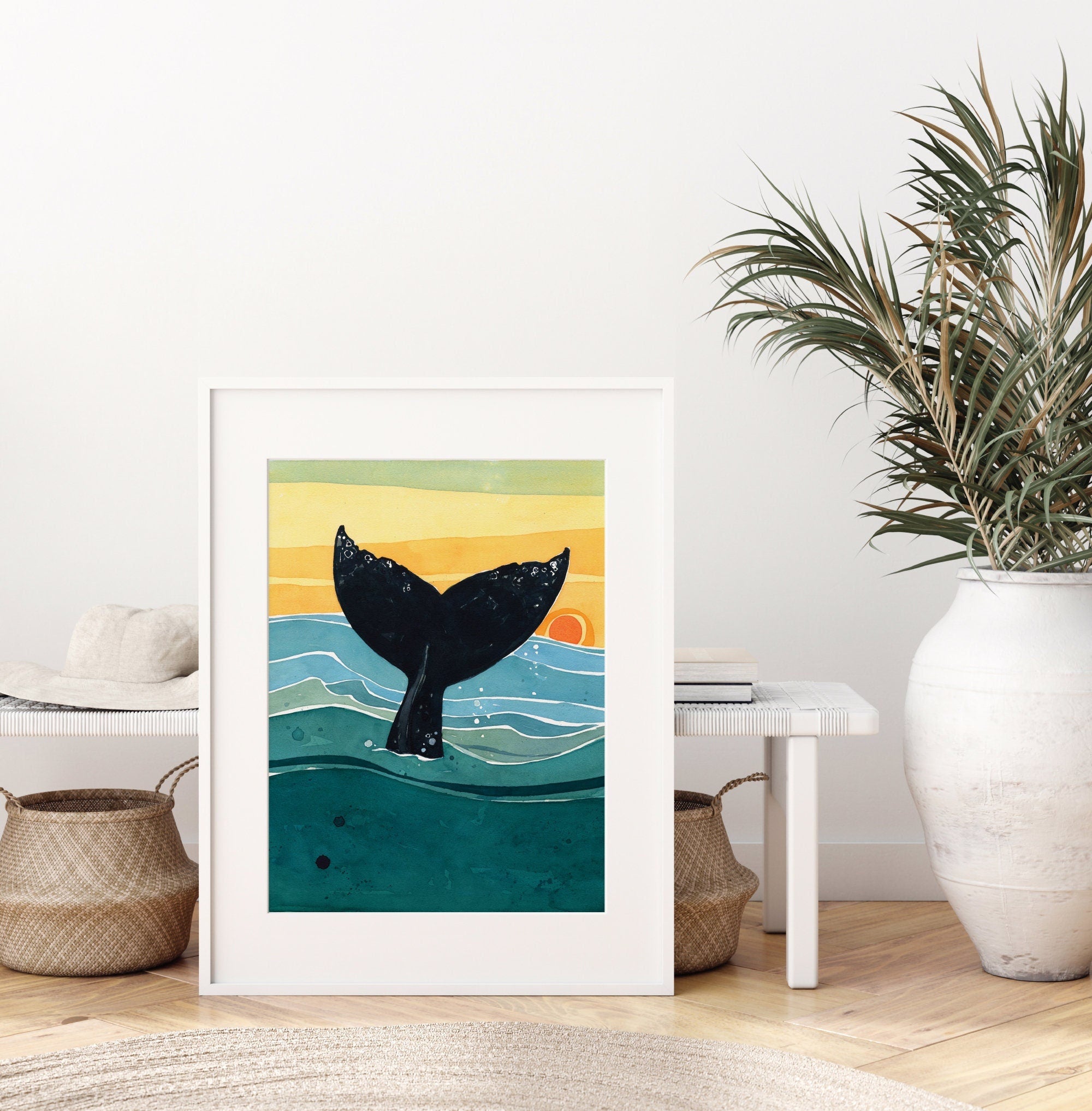 Whale Tail Sunset Art Print, Nautical Ocean Watercolor Art