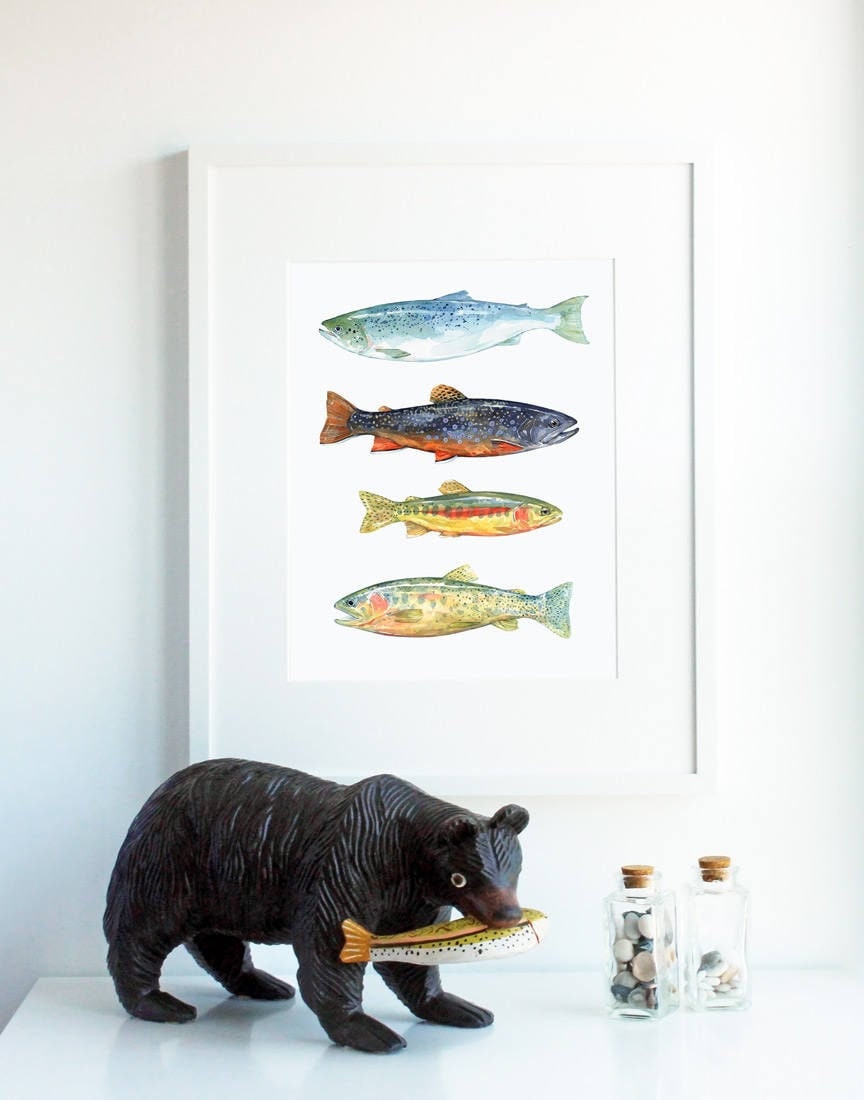 Trout Watercolor Art Print, Fly Fishing Trout Painting, Colorful Fish Decor