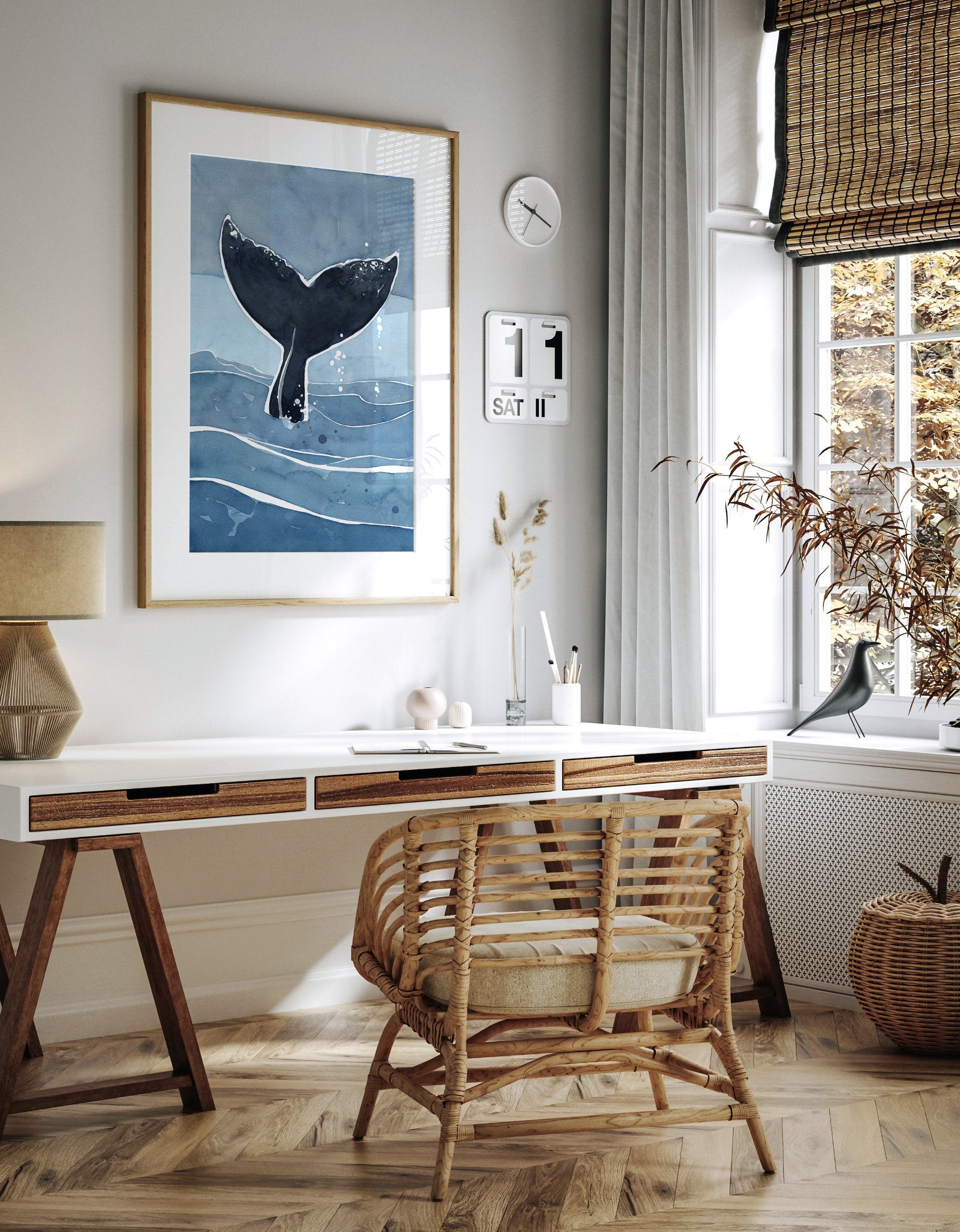Whale Tail Print, Nautical Ocean Watercolor Art