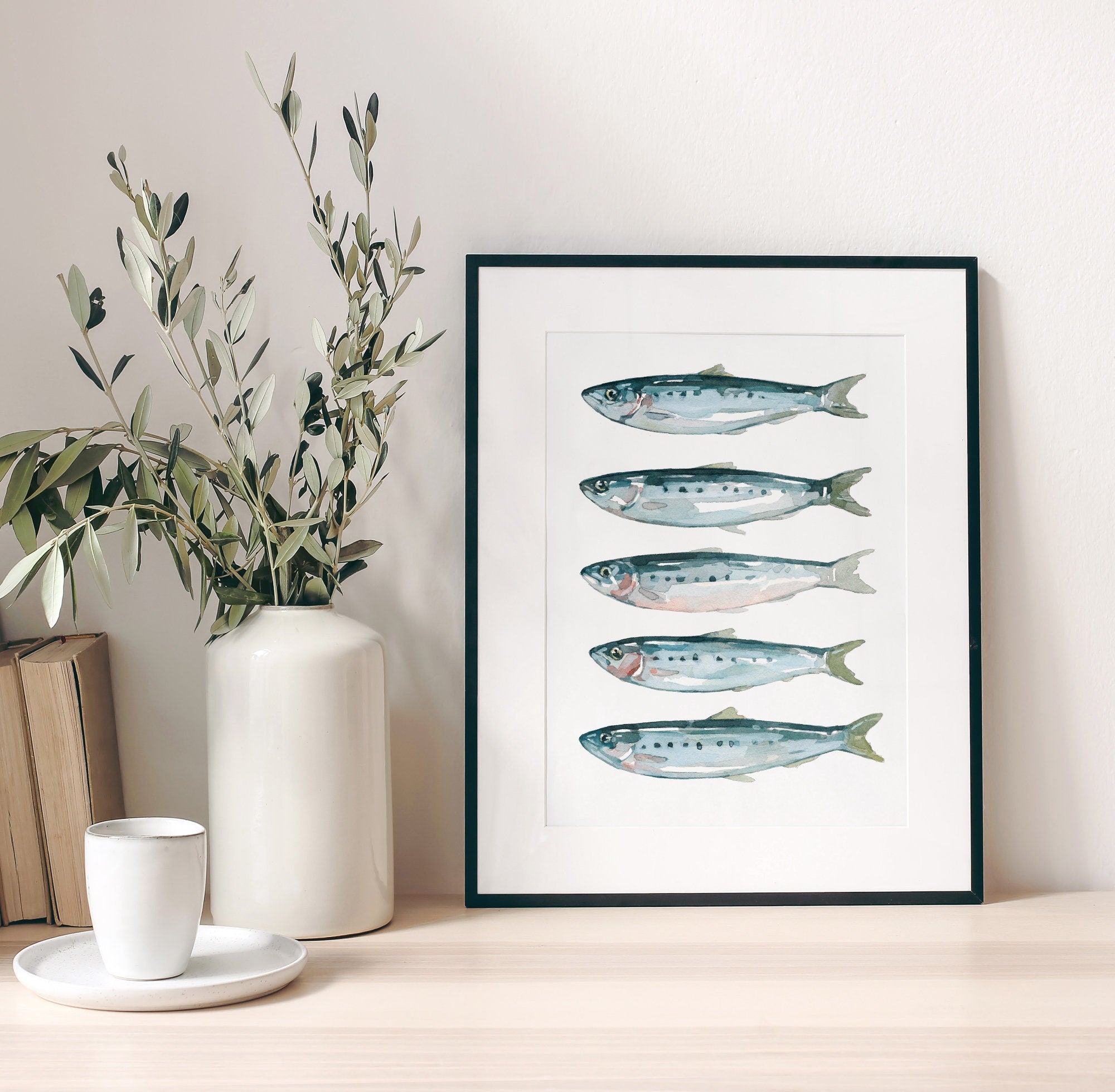 Sardines Fish Watercolor Art Print, Coastal Kitchen Art