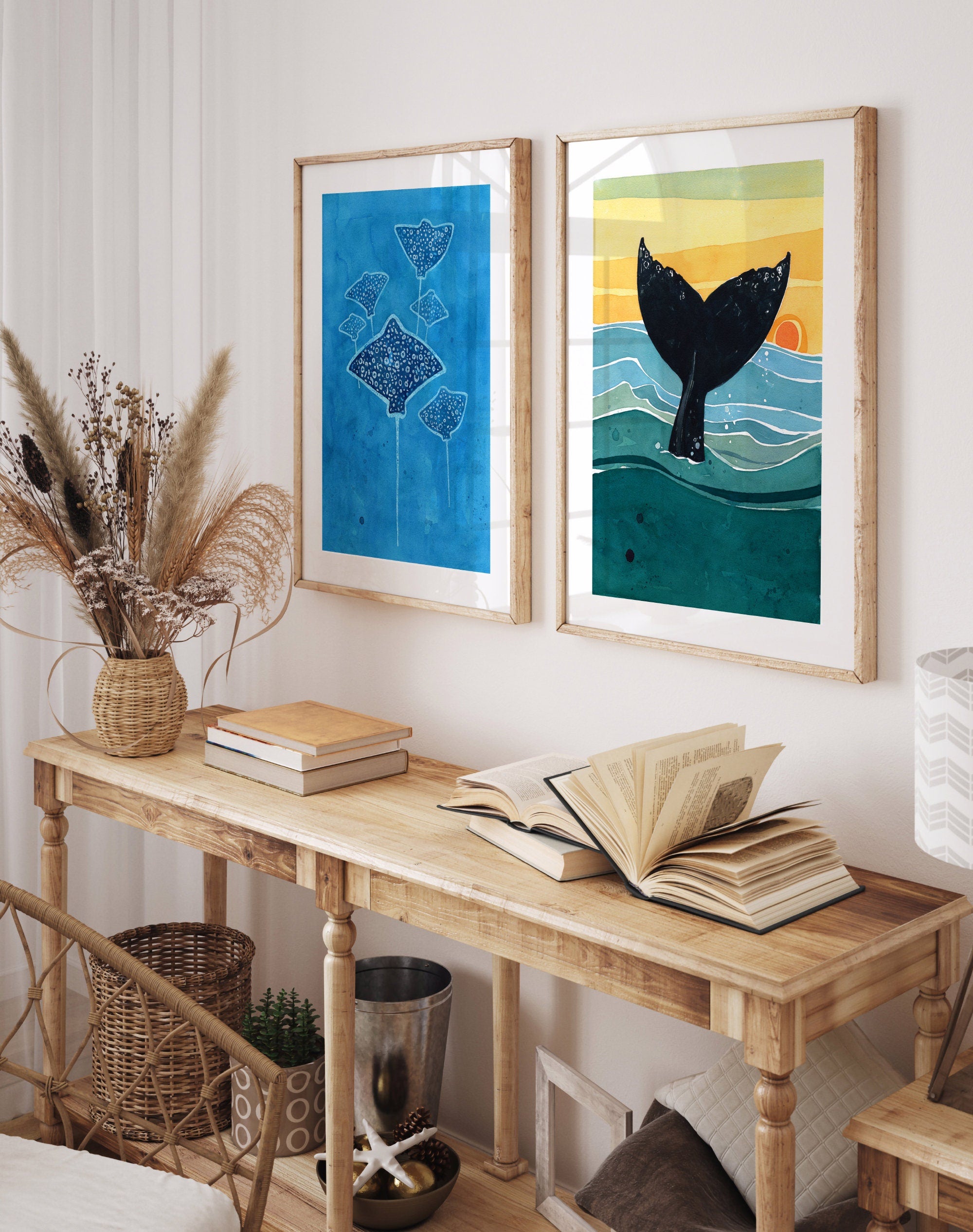 Whale Tail Sunset Art Print, Nautical Ocean Watercolor Art