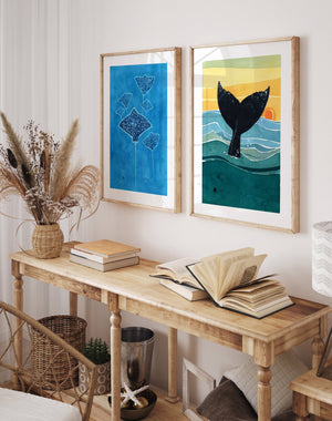 Whale Tail Sunset Art Print, Nautical Ocean Watercolor Art