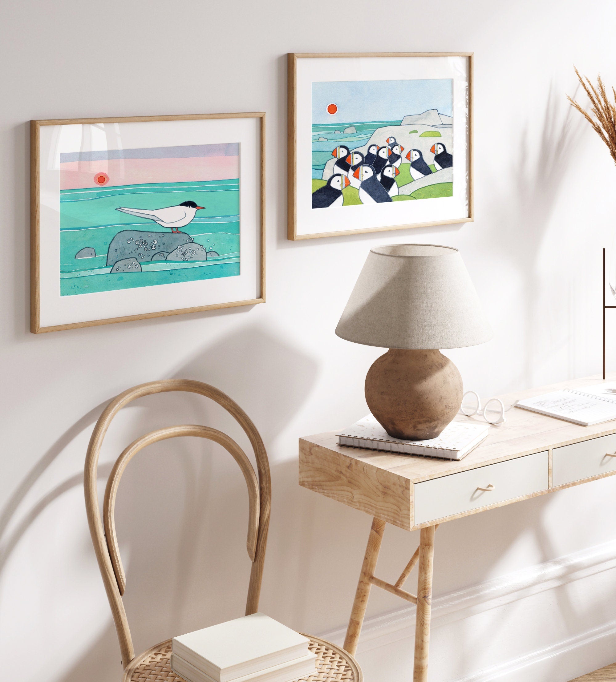 Puffin Colony Art Print, Whimsical Bird Illustration Wall Decor, Puffin Rock