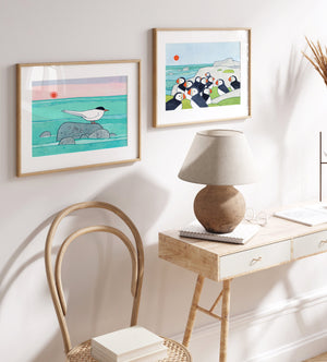 Puffin Colony Art Print, Whimsical Bird Illustration Wall Decor, Puffin Rock