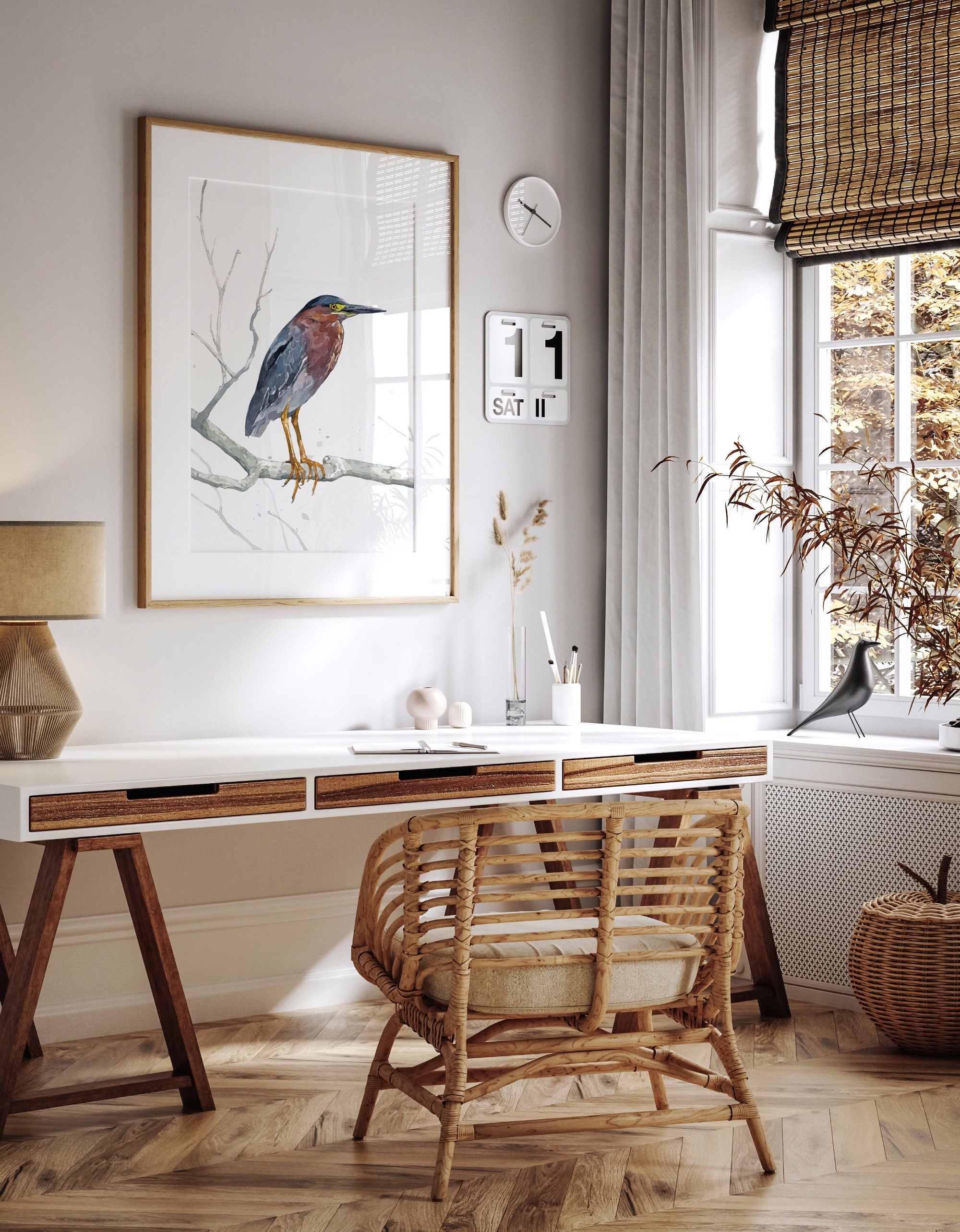 Green Heron Watercolor Print, Coastal Decor, Natural History Bird Art