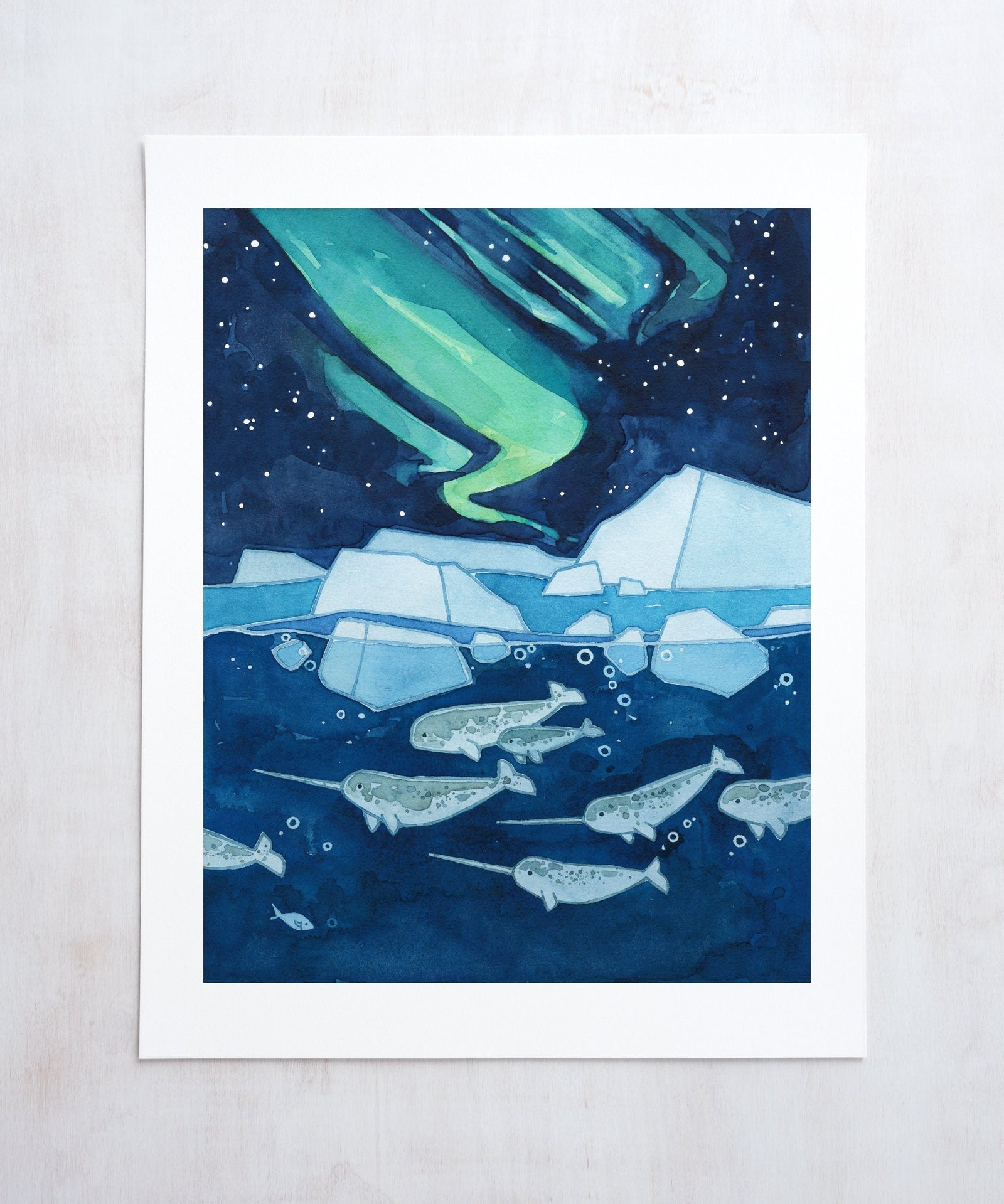 Narwhals Northern Lights Art Print, Aurora Borealis Watercolor Art
