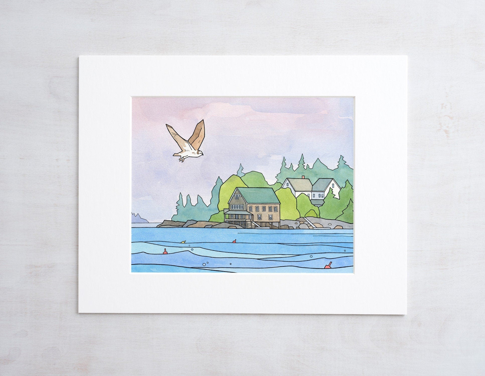 Osprey Art Print, Maine Coast Landscape, Hog Island Audubon Camp, Watercolor and Ink Illustration