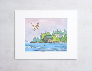 Osprey Art Print, Maine Coast Landscape, Hog Island Audubon Camp, Watercolor and Ink Illustration