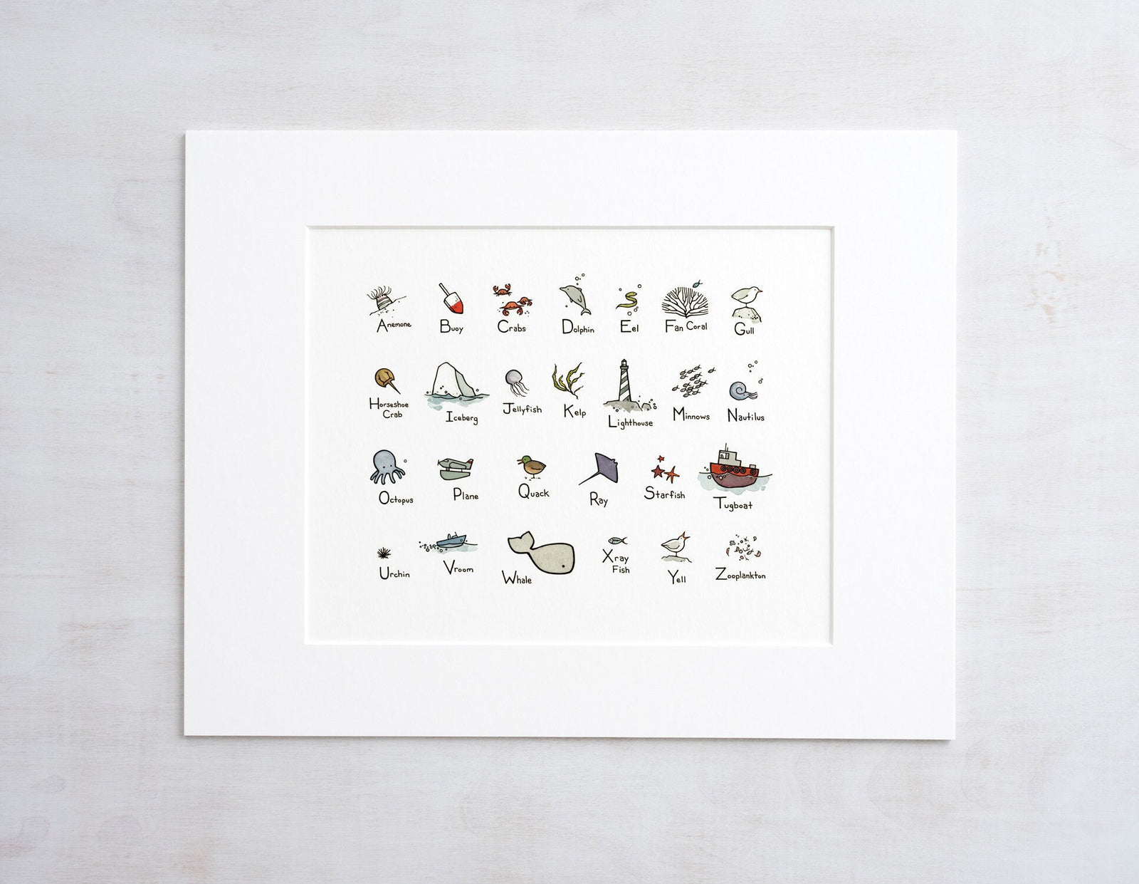 Ocean Alphabet Illustrated Print, Nautical ABC Art Print, Nursery Decor