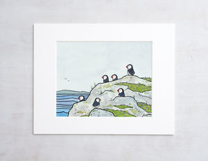 Puffins and Sea Thrift Print, Coastal Bird Art