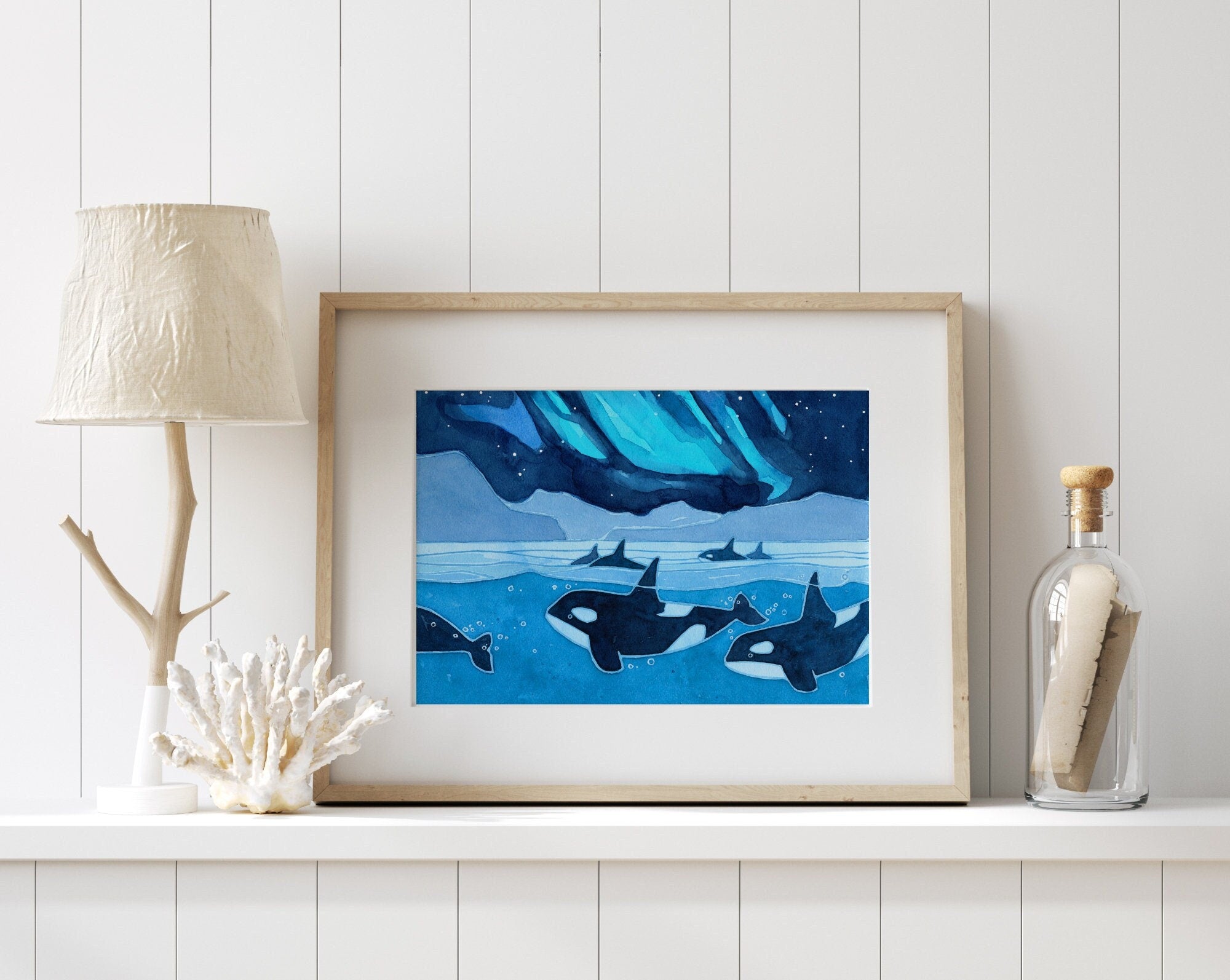 Orcas Northern Lights Art Print, Aurora Borealis Watercolor Art, Norway Fjord