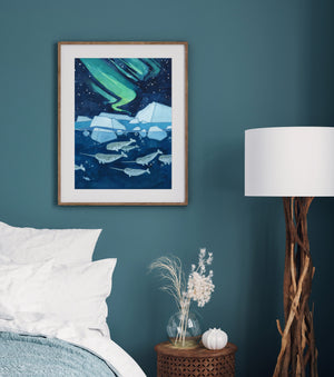 Narwhals Northern Lights Art Print, Aurora Borealis Watercolor Art