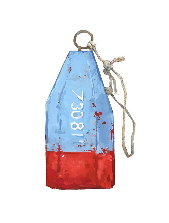 Lobster Buoy Watercolor Painting, Blue and Red Nautical Print