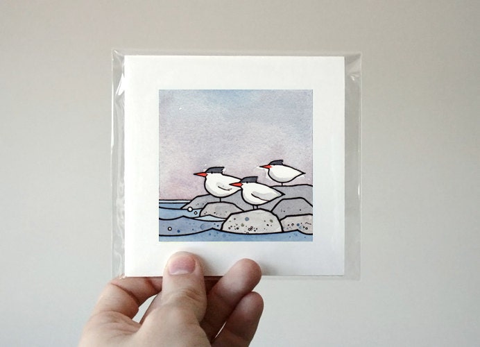 Terns Miniature Art Print, Birds Watercolor Illustration, Royal Tern Illustration
