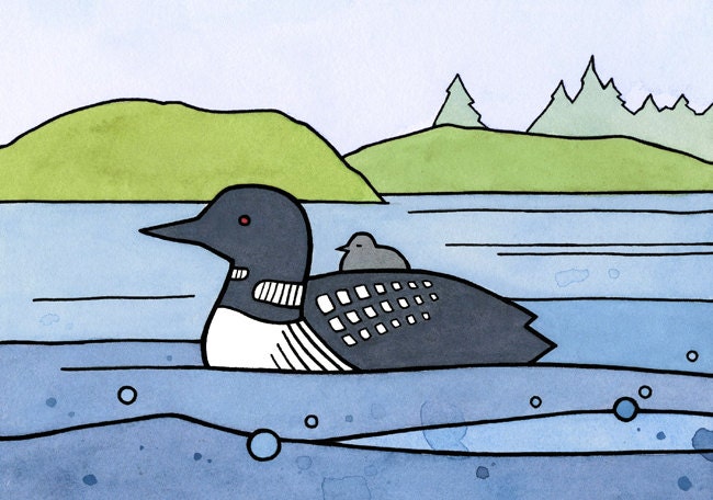 Loon and Baby Illustration Bird Art Print