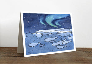 Beluga Whales Card, Aurora Borealis Christmas Holiday Stationery, Arctic Northern Lights Note Card