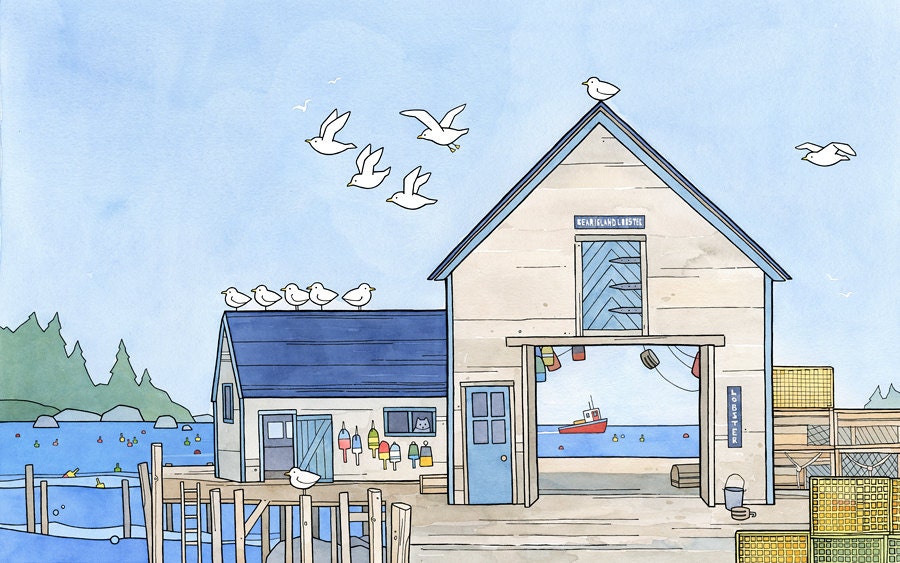 Lobster Fishing Dock, Maine Fishing Town Nautical Art Print, Kids Room -  studiotuesday