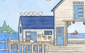 Lobster Fishing Dock, Maine Fishing Town Nautical Art Print, Kids Room Decor