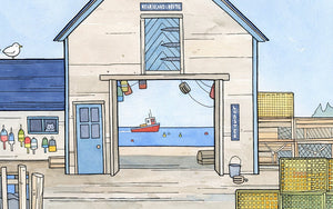 Lobster Fishing Dock, Maine Fishing Town Nautical Art Print, Kids Room Decor