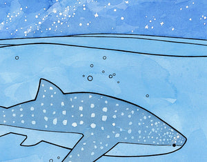 Whale Shark Ocean Watercolor Ink Illustration Print, Kids Wall Art