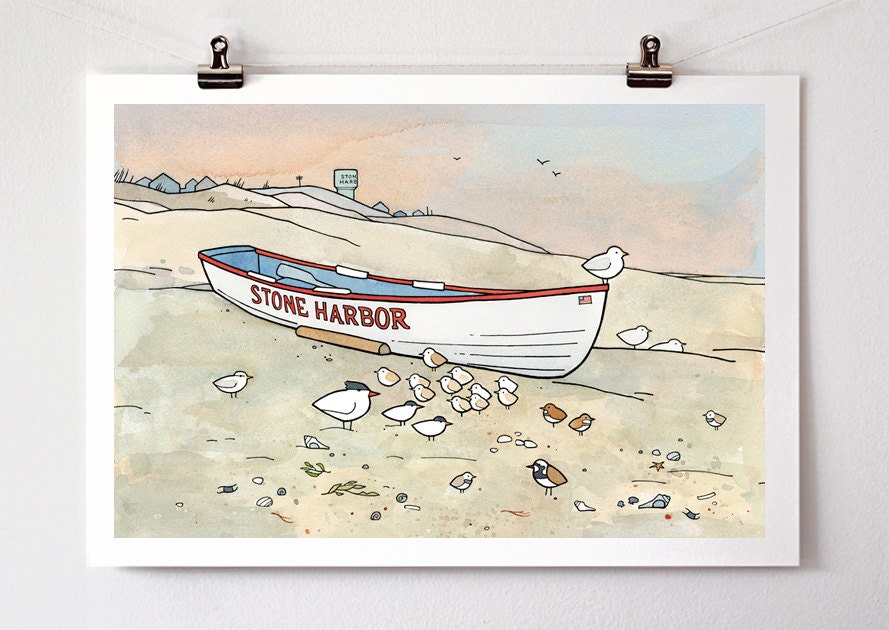 Stone Harbor Boat, Beach Shorebirds and Sandpipers Illustration Print New Jersey Shore, Wall Art