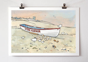 Stone Harbor Boat, Beach Shorebirds and Sandpipers Illustration Print New Jersey Shore, Wall Art