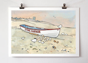Stone Harbor Boat, Beach Shorebirds and Sandpipers Illustration Print New Jersey Shore, Wall Art