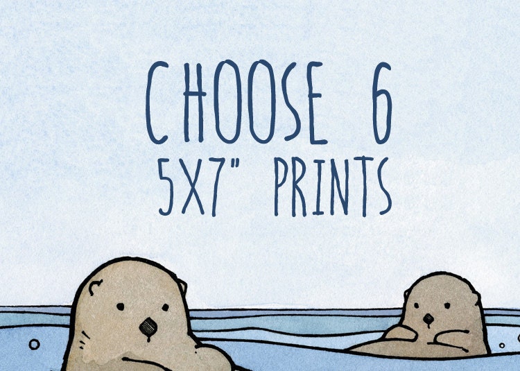 Choose Six 5x7" Prints, Animal Illustration Art Set