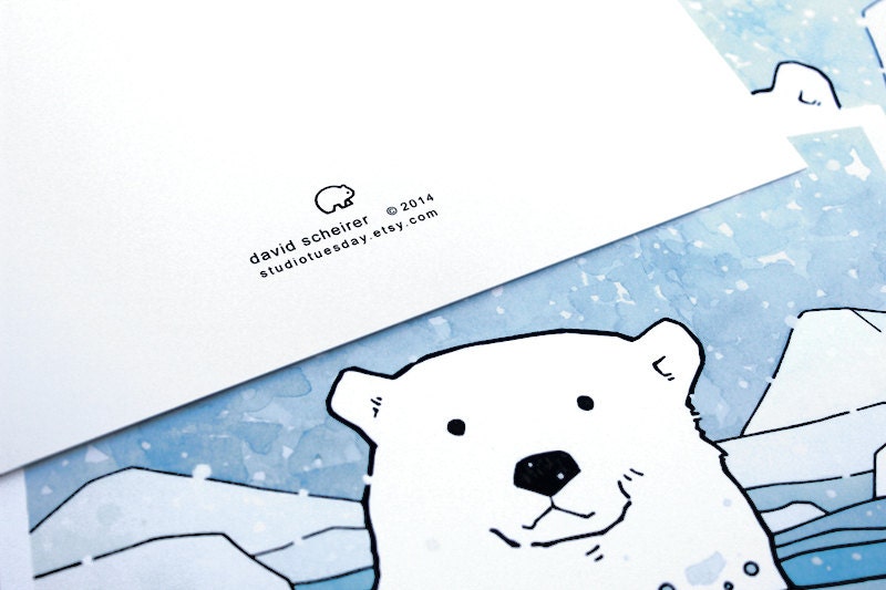 Polar Bear Card, Illustrated Animal Holiday Card, Christmas Stationery