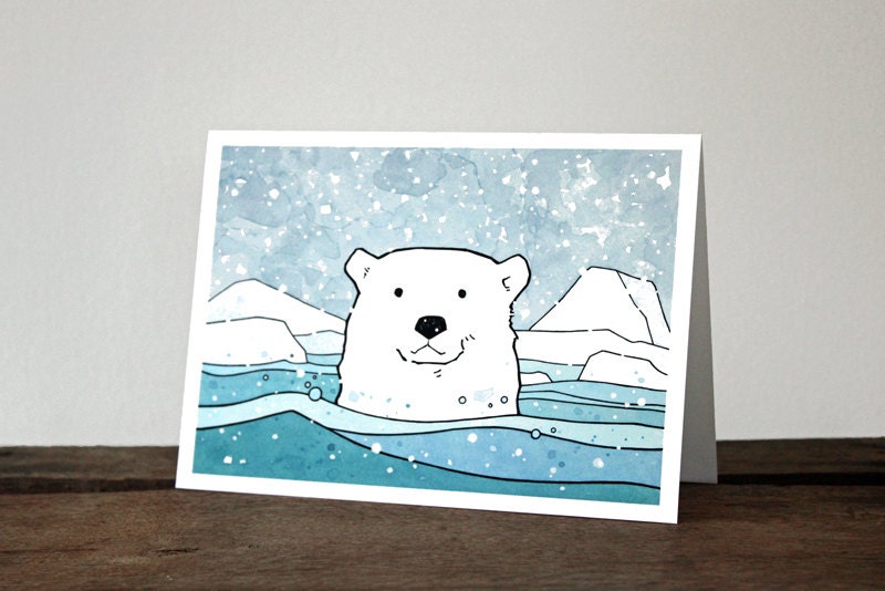 Polar Bear Card, Illustrated Animal Holiday Card, Christmas Stationery