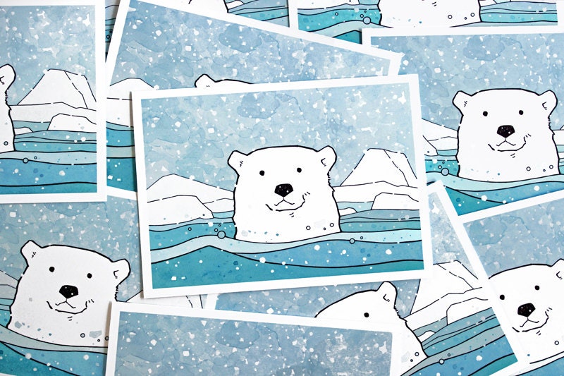 Polar Bear Holiday Card Set - 10 Illustrated Cards, Winter Animal Stationery, Christmas Cards