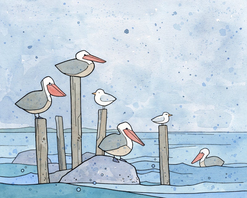 Pelicans in Rain Art Print, Coastal Nursery Wall Art, Ink and Watercolor Bird Illustration
